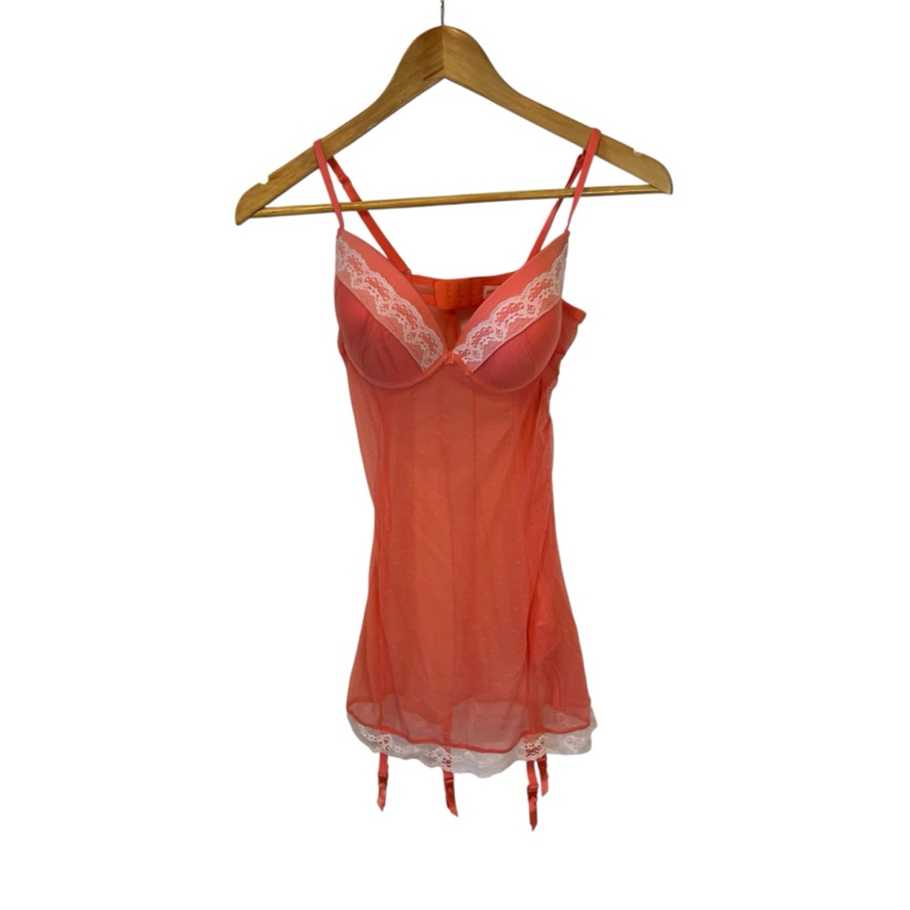 Women's Coral Chemise & Slip with White Lace Trim, Size M